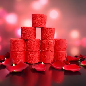 May include: A stack of red, cylindrical candles with embossed floral and heart patterns. Red rose petals are scattered around the base. The background is a soft, blurred gradient of pink and red.