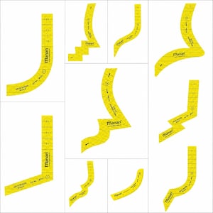 May include: A collection of ten yellow plastic sewing rulers and pattern drafting tools labeled Manan Neck Design Scale. Each tool features black printed measurement markings, numerical indicators, and specific art numbers for precise garment construction.
