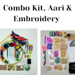 以下が含まれることがあります： アーリ刺繍と刺繍のコンボキット。色とりどりの糸、針、フープ、装飾品が揃っています。糸巻き、スパンコール、ビーズ、その他のクラフト用品が含まれており、刺繍プロジェクトに最適です。
