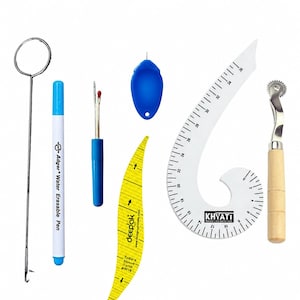 May include: A sewing tool set including a metal loop turner, a blue Adger water erasable pen, a seam ripper, a blue thread cutter, a yellow curved measuring tape, a white Khyati French curve ruler, and a tracing wheel with a wooden handle.