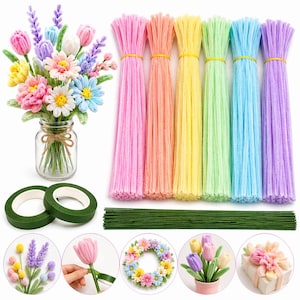 Fuzzy Chenille Stiele für die Blumenherstellung, Bastelset mit Blumenklebeband