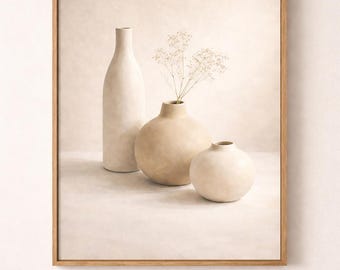 May include: A framed still life featuring three ceramic vases in neutral tones. A tall, slender vase stands beside two rounder vases, one of which holds delicate white flowers. The artwork is set against a soft, off-white background.