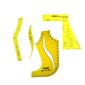 May include: A collection of yellow tailor's tools, including a blouse dart scale and a tailor pattern maker. The tools have black markings and text, including the brand name "deepok". The tools are designed for precise measurements and pattern making.