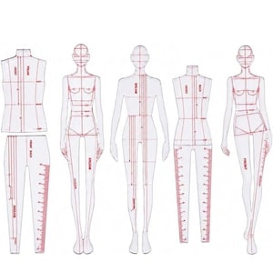 May include: A set of five clear acrylic fashion design templates featuring human figure outlines and garment patterns. Each template includes red printed measurement lines, labels for front, back, and inseam, and integrated rulers in centimetres for precise drafting.