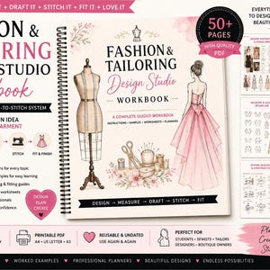 Puede incluir: Un cuaderno de trabajo Fashion & Tailoring Design Studio con encuadernación en espiral que muestra un maniquí, una persona con un vestido rosa y herramientas de costura. La portada incluye textos como Design It, Plan It, Draft It, Stitch It, Fit It, Love It.