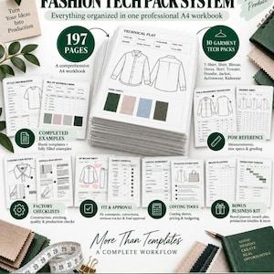 Megapaket för modeteknik | 197-sidig A4-arbetsbok för modedesign och klädproduktion | Mall för teknikpaket, stycklista, produktbeskrivning, betygsättning