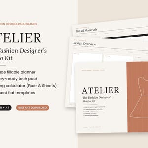 Puede incluir: Un kit de estudio para diseñadores de moda titulado ATELIER, que incluye un planificador rellenable de 19 páginas, una ficha técnica lista para fábrica, una calculadora de costes y plantillas de prendas. Disponible en formatos US Letter y A4.
