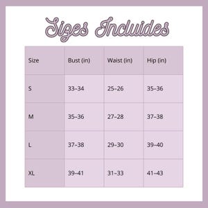 May include: A size chart with the text "Sizes Includes" at the top. The chart lists sizes S, M, L, and XL, with corresponding bust, waist, and hip measurements in inches. The chart is on a light purple background.