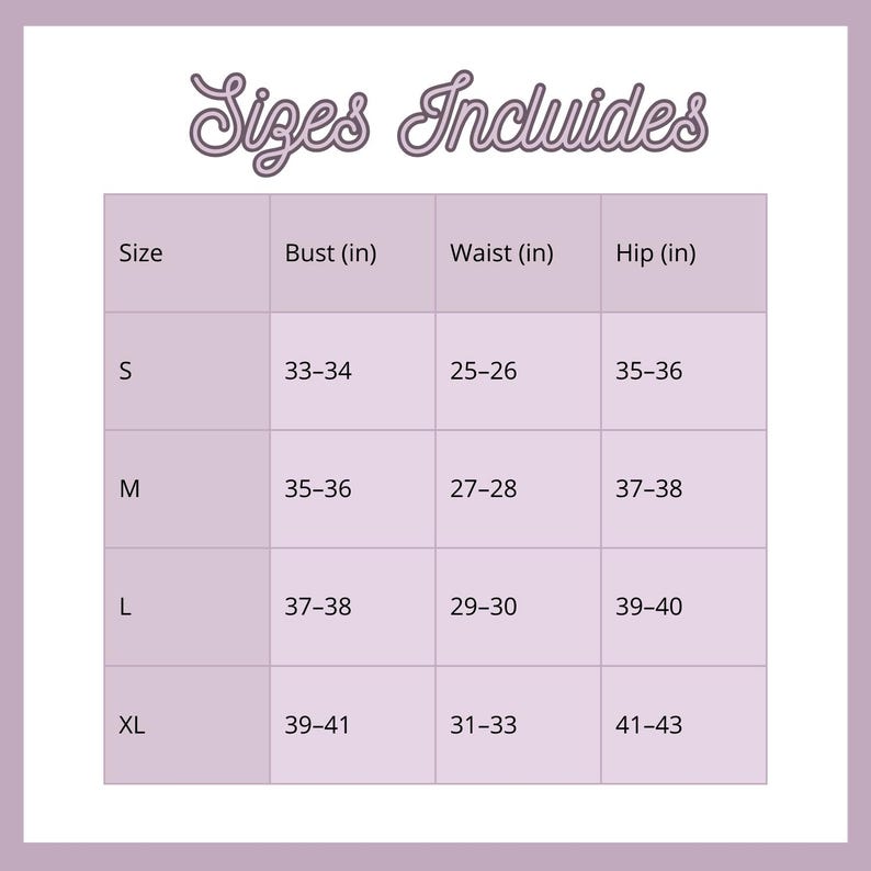 May include: A size chart with the text "Sizes Includes" at the top. The chart lists sizes S, M, L, and XL, with corresponding bust, waist, and hip measurements in inches. The chart is on a light purple background.