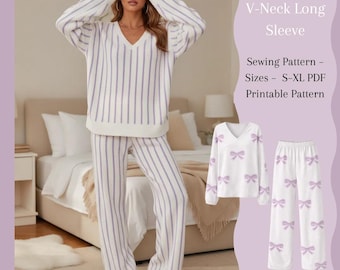 Naaipatroon PDF voor een damespyjamaset | Top met V-hals en lange mouwen + broek met elastische taille | A4-formaat | Maten S-XL | Geschikt voor beginners