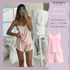 cowl neck sleepwear set sewing pattern – camisole and shorts pdf | sizes US 2–30 / XS–4XL | A4 A0 US letters