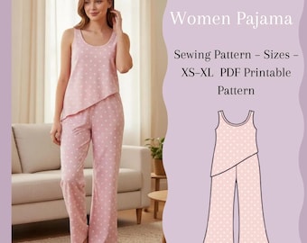 Damen-Pyjama-Schnittmuster (PDF) – Soft Étoile Set, ärmelloses Wickeloberteil + Palazzo-Hose (XS–XL, A4/A0/Projektor)