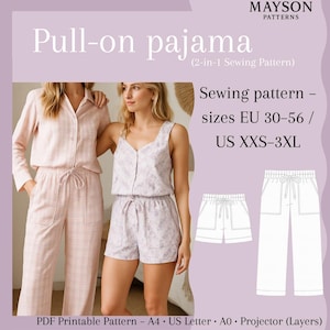 Pode incluir: Um padrão de costura para pijamas pull-on. A imagem mostra duas mulheres usando conjuntos de pijama em padrões rosa claro e lavanda. O padrão inclui tamanhos EU 30-56 / US XXS-3XL. O texto na imagem diz "Pull-on pajama".