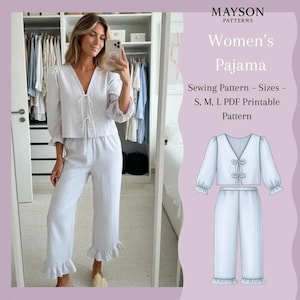 Women’s Pajama Sewing Pattern PDF | Romantic Floral Lounge Set | Tie Front Top & Ruffle Pants | Beginner Friendly