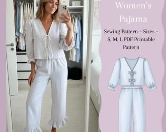 Naaipatroon voor damespyjama (PDF) | Romantische lounge set met bloemenprint | Top met strik aan de voorkant & broek met ruches | Geschikt voor beginners