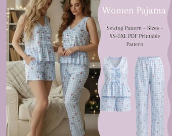 Nachtkledingpatroonset pdf – damesblouse met strik aan de voorkant, shorts en loungebroek | Maten XS–3XL | A4 & A0