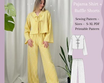 Mönster för dampyjamas i PDF-format | Pyjamastopp med knytning framtill och byxor med resår i midjan | Storlekar S–XL | Utskrivbar i A4-format