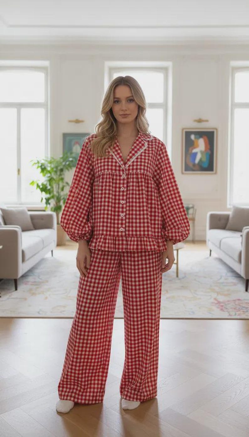 Women’s Pajama Sewing Pattern PDF | Long Sleeve Pajama Set With Ruffles ...