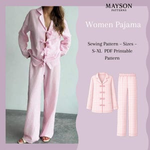 Women Pajama Sewing Pattern PDF | Long Sleeve Pajama Set with Bow Ties | Buttonless Sleepwear Pattern | Sizes S–XL | A0 A4Printable