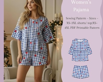 Naaipatroon voor damespyjama (PDF) | Gingham pyjamaset | Top XS–4XL | Shorts XS–3XL | A4 & A0 |