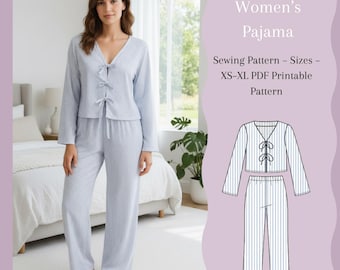 Pyjama-naaiset – Althea-patroon | Damesblouse + broek | Printbare PDF | Maten XS–XL | A4 A0-projector