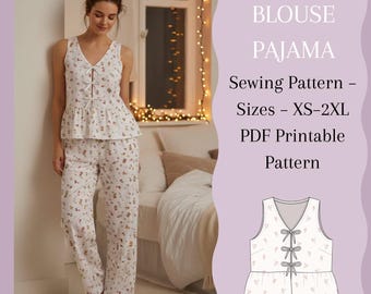PDF-patroon pyjamablouse – damestop met strik aan de voorkant – maten XS–2XL