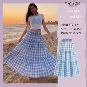 Patrón de costura en PDF para falda fruncida de 3 capas, cintura elástica, tallas S a XL.