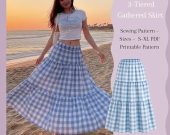 3-laags geplooide rok naaipatroon PDF printbaar, elastische taille rok S–XL