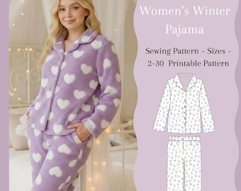 Naaipatroon voor een dameswinterpyjamaset – Top met lange mouwen en broek | Fleecestof | Maten US S-XL | PDF A4 A0