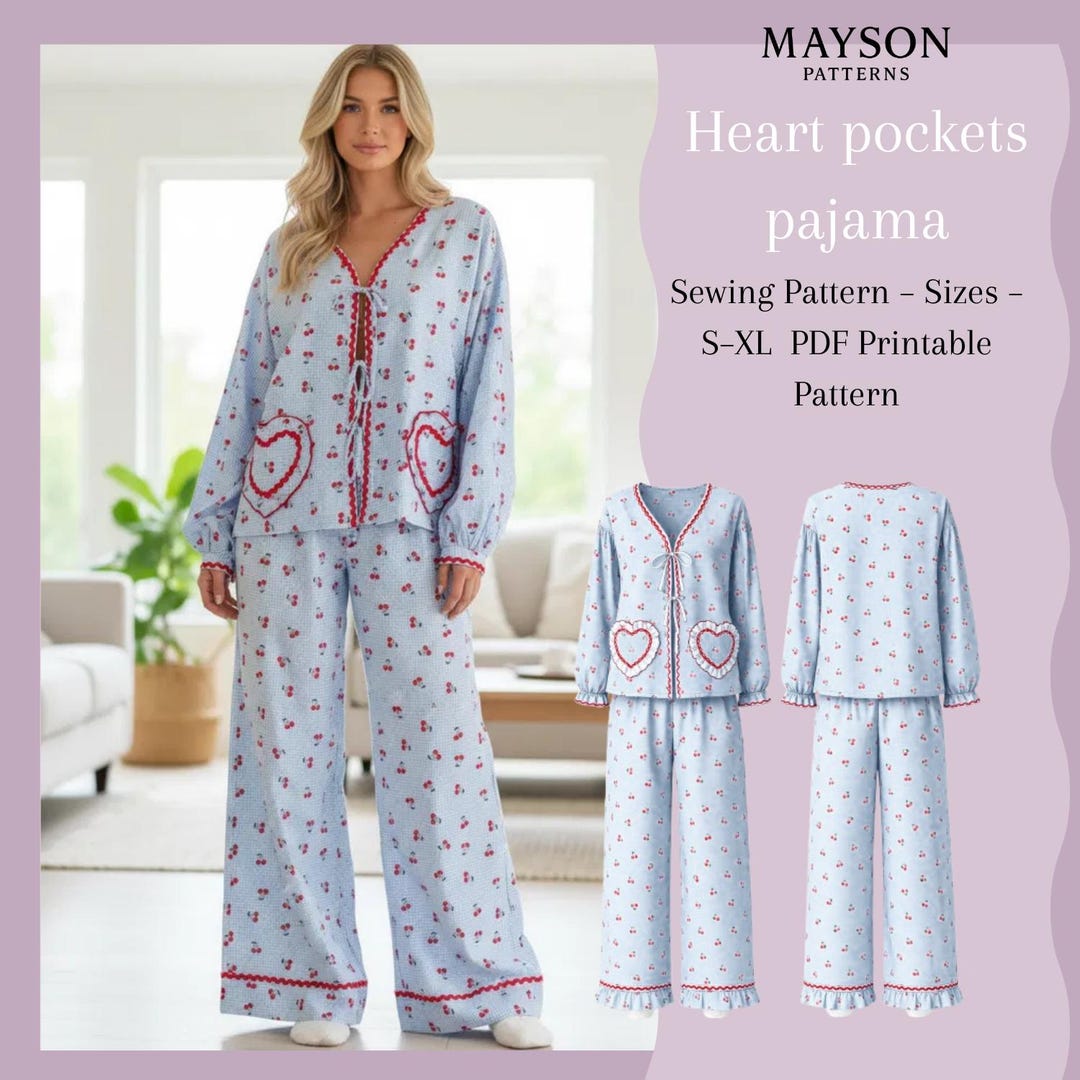 Women’s Pajama Sewing Pattern PDF With Ties and Heart Pockets | Long ...