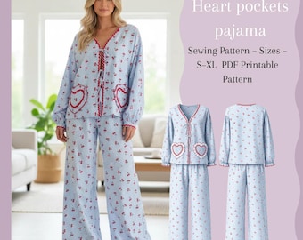 Naaipatroon PDF voor damespyjama met strikjes en hartvormige zakjes | Top met lange mouwen en broek met elastische taille