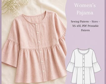 Soft Lounge Blouse Sewing Pattern – Printable PDF, Sizes XS–4XL