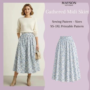 PDF-Schnittmuster für einen gerafften Midirock – Rock mit hoher Taille, Taschen und unsichtbarem Reißverschluss, Größen XS–5XL