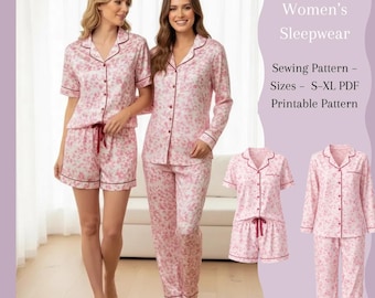 Damenpyjama-Schnittmuster (PDF) | Kurzer und langer Pyjama | 2 Modelle in 1 | Größen S–XL | A0 & A4
