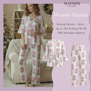 Women pajama sewing pattern PDF | pajama top xs–4XL & Pants XS–XL | Printable A4 A0 | Beginner Friendly
