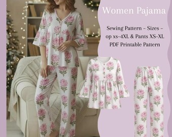 Naaipatroon voor damespyjama (PDF) | Pyjamatop XS–4XL & Broek XS–XL | Printbaar A4 A0 | Geschikt voor beginners