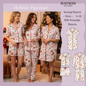 Patrón de costura en PDF para pijamas navideños | 3 estilos en 1: pantalones cortos, pantalón y camisón | Tallas S-XL | Patrón imprimible