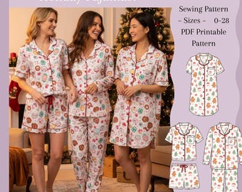 Naaipatroon voor een feestelijke pyjama (PDF) | 3 stijlen in 1 – korte broek, lange broek en nachthemd | Maten S-XL | Printbaar patroon