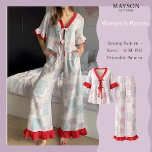 May include: A white floral patchwork pajama set with red trim and a tie-front top. The set includes a short-sleeved top and wide-leg trousers. The image also shows a smaller version of the pajama set. The text on the image says "Women's Pajama".