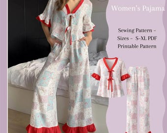 Patroon voor damespyjama (PDF) | Pyjamaset met ruches en elastische taille | Naaipatroon A0 A4 | S–XL