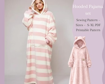 Naaipatroon PDF voor een pyjamajurk met capuchon | Comfortabele lange jurk met capuchon en oren | A4 pyjamapatroon S–XL