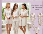 Women’s Pajama Sewing Pattern PDF | Floral Pajama Set | Button-Up Shirt, Pants & Nightshirt | Sizes S–XL | A0 Pattern