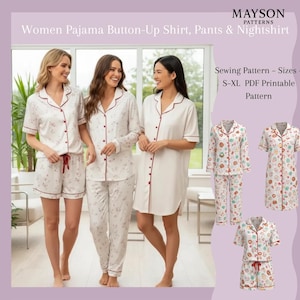 Può includere: Tre donne indossano completi pigiama bianchi con rifiniture rosse e motivi floreali. L'immagine include un completo con camicia a maniche corte e pantaloncini, un completo con camicia a maniche lunghe e pantaloni e una camicia da notte. L'immagine mostra anche un modello di cucito.