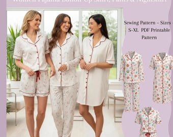 Naaipatroon voor damespyjama (PDF) | Pyjamaset met bloemenprint | Blouse, broek en nachthemd | Maten S–XL | A0-patroon