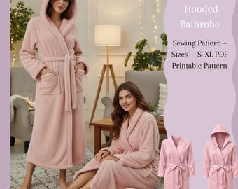 Patroon voor een damesbadjas met capuchon (PDF) | Printbaar naaipatroon voor een badjas op A4-formaat | Comfortabele wafelbadjas | Maten S-XL