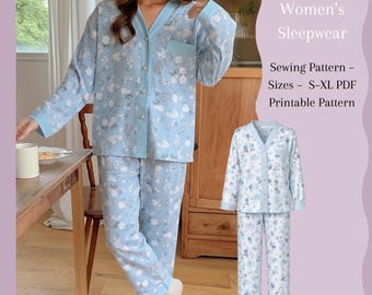 Mönster för dampyjamas i PDF-format | Endast A4 | Storlekar S–XL | Pyjamas med knappar framtill | Steg-för-steg-guide