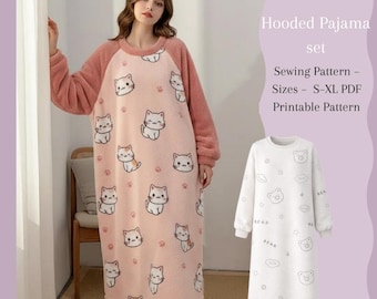Naaipatroon voor een damesnachtjapon met lange mouwen | PDF-patroon voor winterslaapkleding | Comfortabele nachtjapon maat S–XL