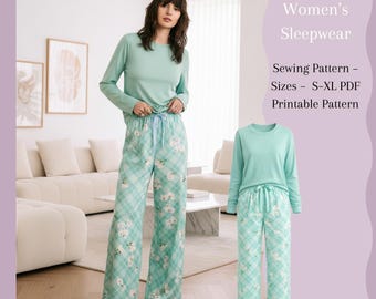 Women’s Sleepwear Sewing Pattern | Pajama Set PDF | Long Sleeve Shirt & Pants | A4 | S–XL
