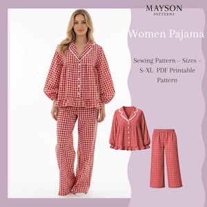Puede incluir: Un conjunto de pijama a cuadros rojos y blancos. El conjunto incluye una camisa abotonada de manga larga con dobladillo con volantes y pantalones de pernera ancha a juego. La imagen también muestra una versión más pequeña de la parte superior e inferior del pijama. El texto en la imagen dice "MAYSON PATTERNS" y "Women Pajama".