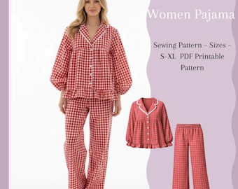 Naaipatroon voor damespyjama (PDF) | Pyjamaset met lange mouwen en ruches | Top met knoopjes & broek met elastische taille | Maten S–XL | A0 en A4